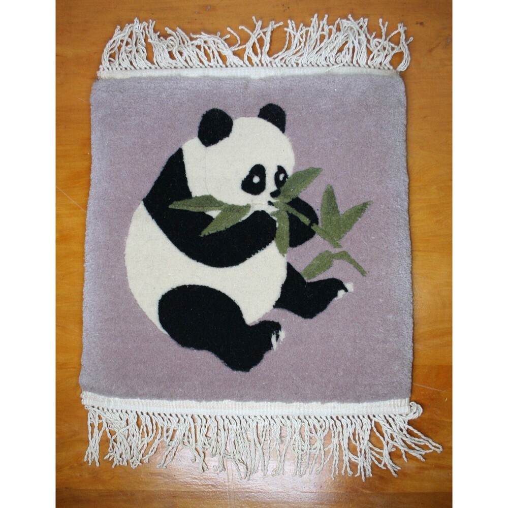 Panda W/ Bamboo Prayer Rug Miniature Wool With Fringe Handmade 12" x 15"